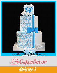 Blue and WHite Damask Engagement Cake