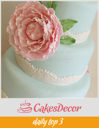 Pink peony on blue lace trimmed cake