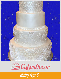Pearl white wedding cake: ruffles flowers, old lace, simple level and sequin