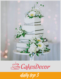 Modern Square/ Silver Sugar Flower Wedding Cake