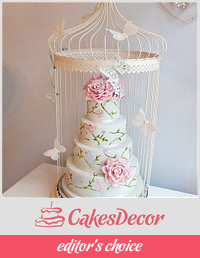 Love birds hand painted cake in bird cage cake stand