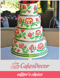 Red Garden Rose Brush Embroidery Wedding Cake