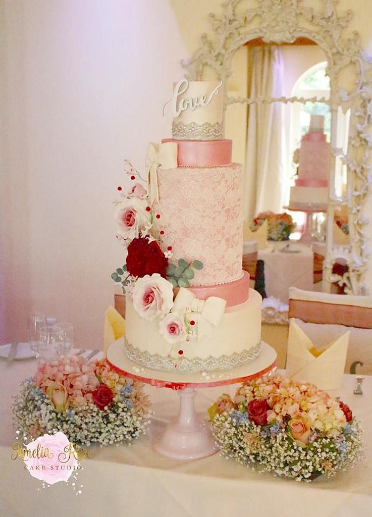 Romantic pink lace wedding cake - Cake by Amelia Rose - CakesDecor