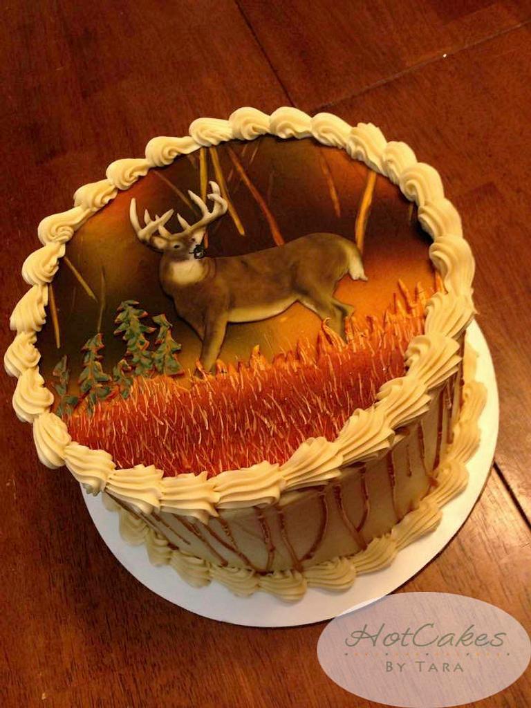 My Autumn colored hunting cake for a teenager's birthday. all the details  were hand sculpted and hand painted. : r/cakedecorating