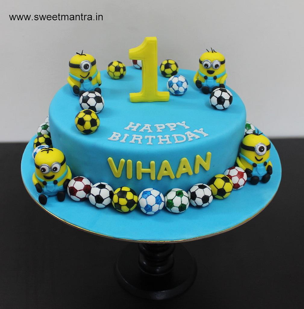 Minions and football theme customized cake for 1st - CakesDecor