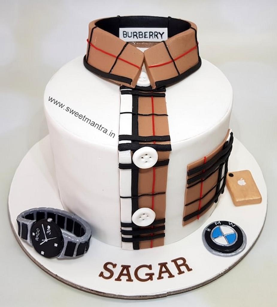 Burberry shirt theme customized cake with gadgets for - CakesDecor