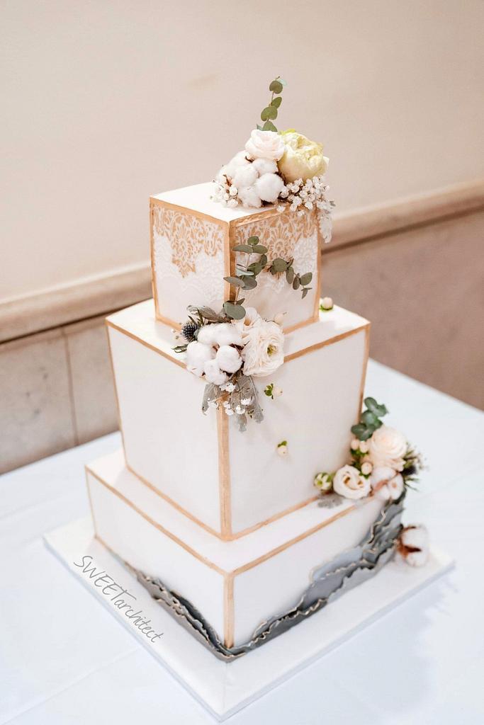 S Monogram Square Wedding Cake - Ambrosia Cake Creations