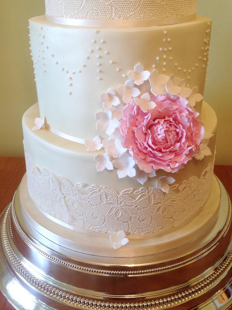 Lace and Peony Wedding Cake - Cake by Claire Lawrence - CakesDecor