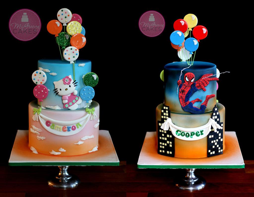 Double Sided Cake, Hello Kitty & Spiderman - Decorated - CakesDecor