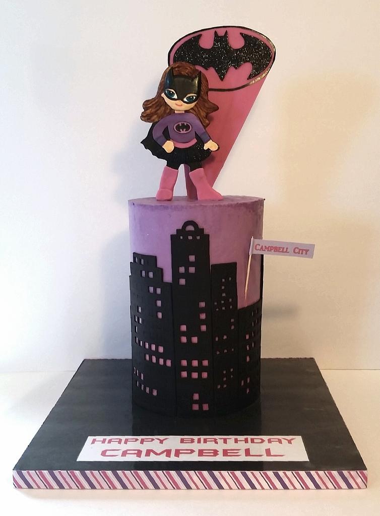 Batgirl Inspired 4th birthday cake with decorated cookies – Blue Lily Treats