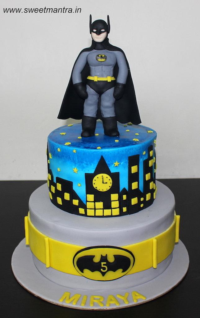 Batman theme 2 layer customized cake with 3D batman - CakesDecor