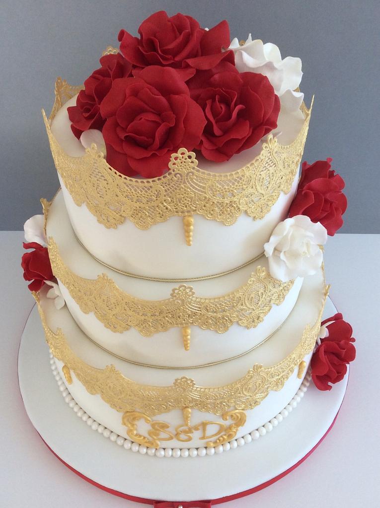 Red and gold wedding cake - Cake by Penny Sue - CakesDecor