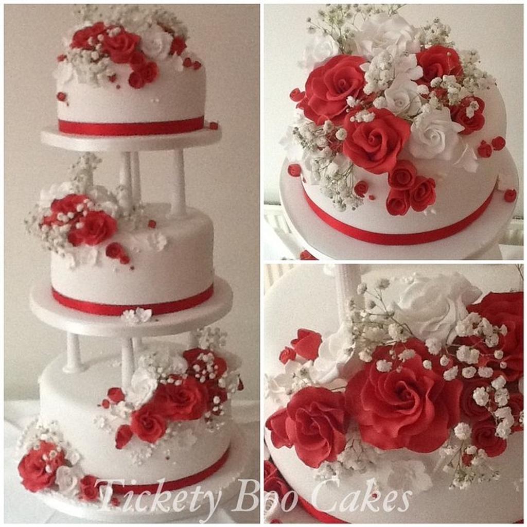 White wedding cake with red roses - Decorated Cake by Sam - CakesDecor