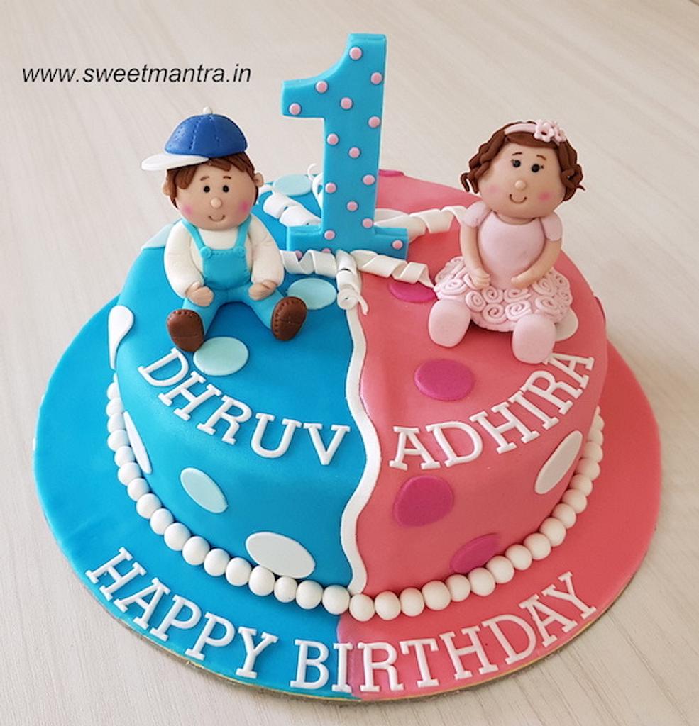 Customized cake for twin boy n girls 1st birthday - - CakesDecor