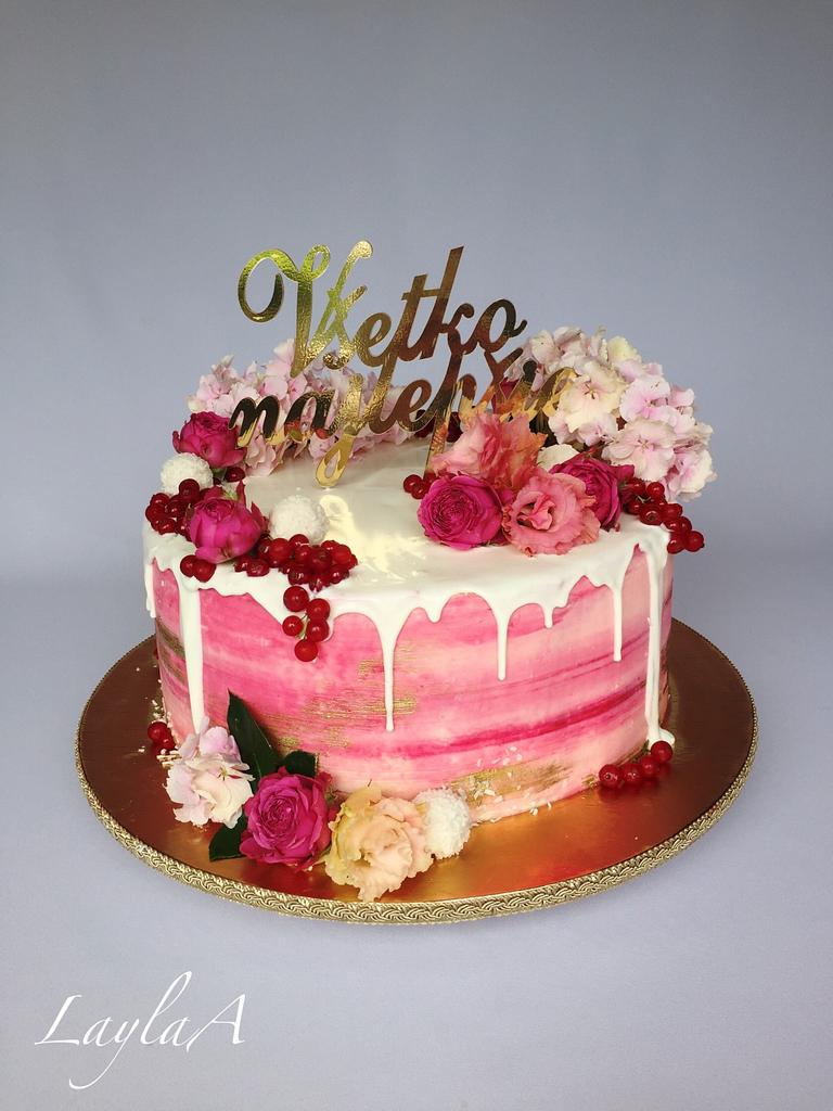 Pink flowers drip cake - Decorated Cake by Layla A - CakesDecor