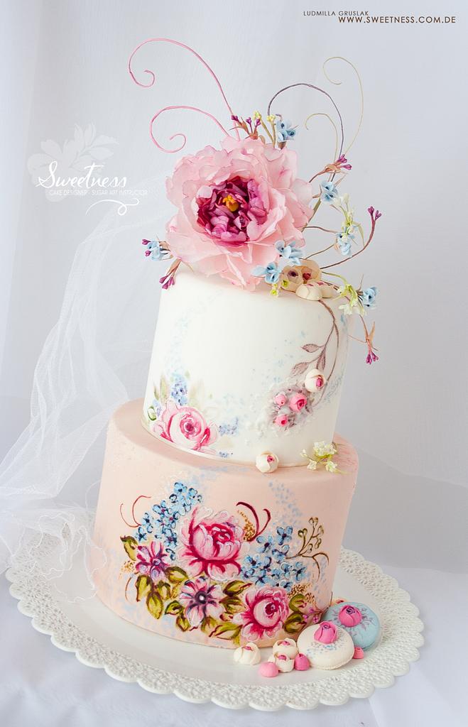 Hand Painted Cake with Wafer-Paper Flowers - Cake by - CakesDecor