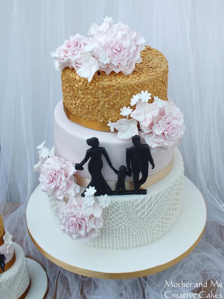 Piping, Silhouette, Sequins and Bouquet Wedding Cake and