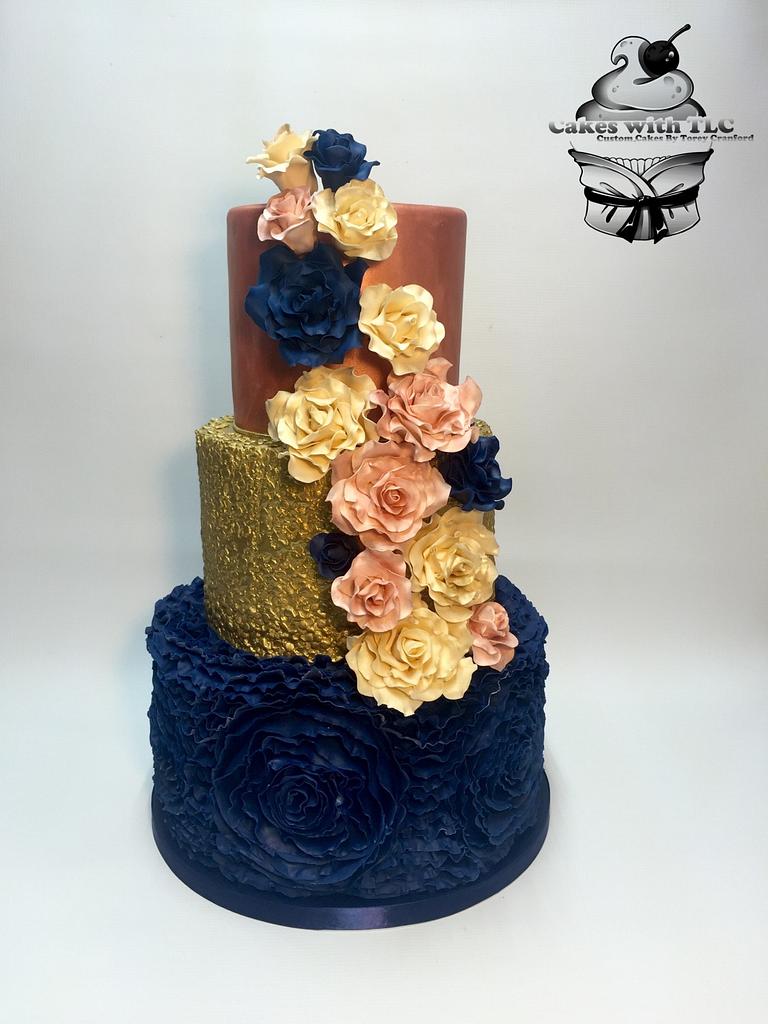 Navy, Gold, and Blush Wedding cake - Decorated Cake by - CakesDecor