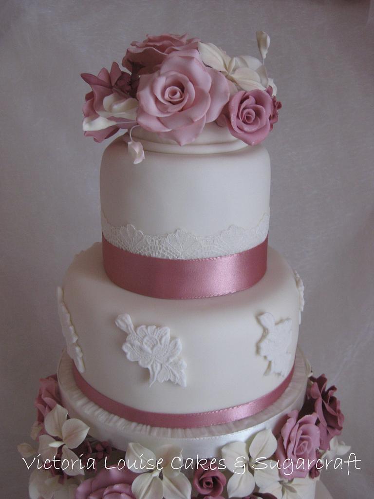 Pink Rose & Lace Wedding Cake - Cake by - CakesDecor