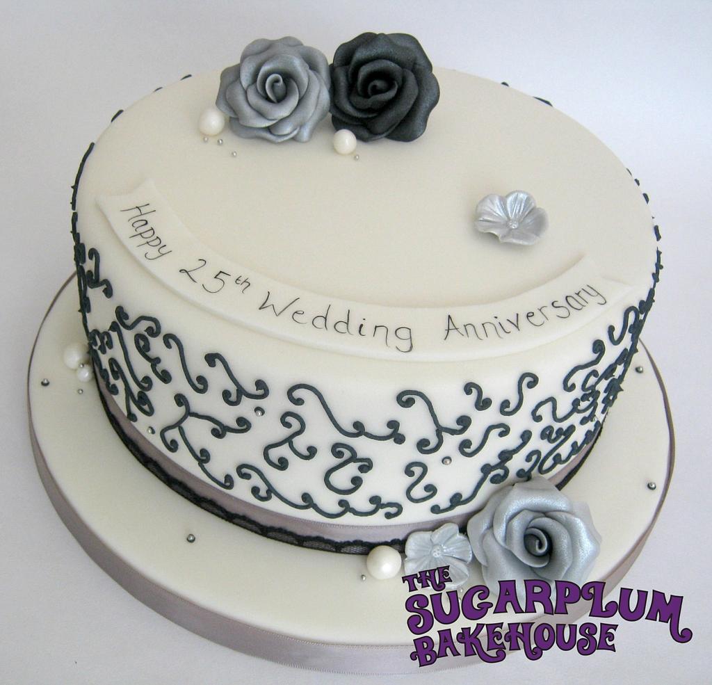 Silver Anniversary Cake - Black, White & Silver - - CakesDecor