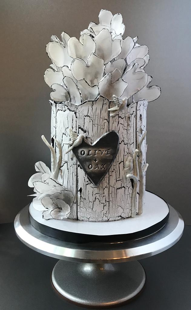 Olive + Oak cake with wafer paper hearts and crackle CakesDecor