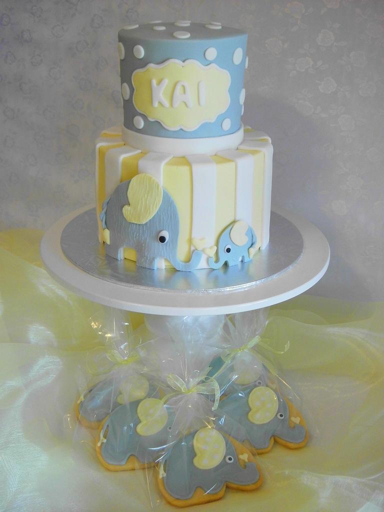 Yellow and grey elephant baby sales shower cake