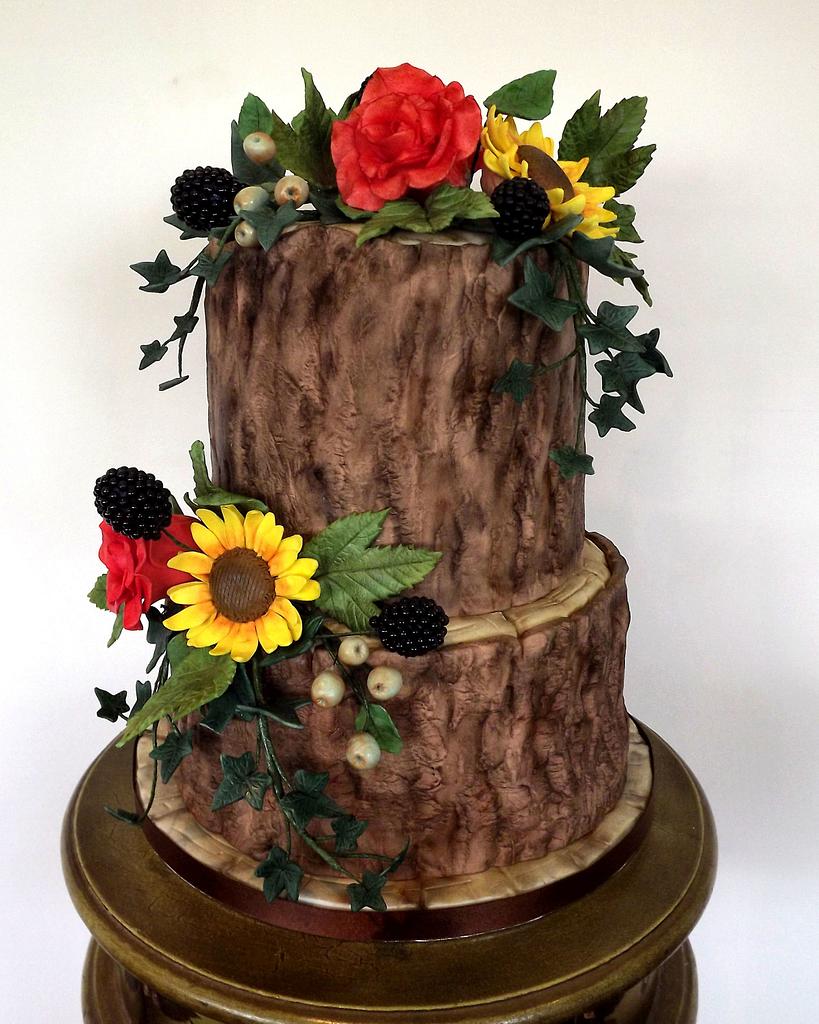 Rustic Tree Bark Cake, With Sunflowers, Blackberries & CakesDecor