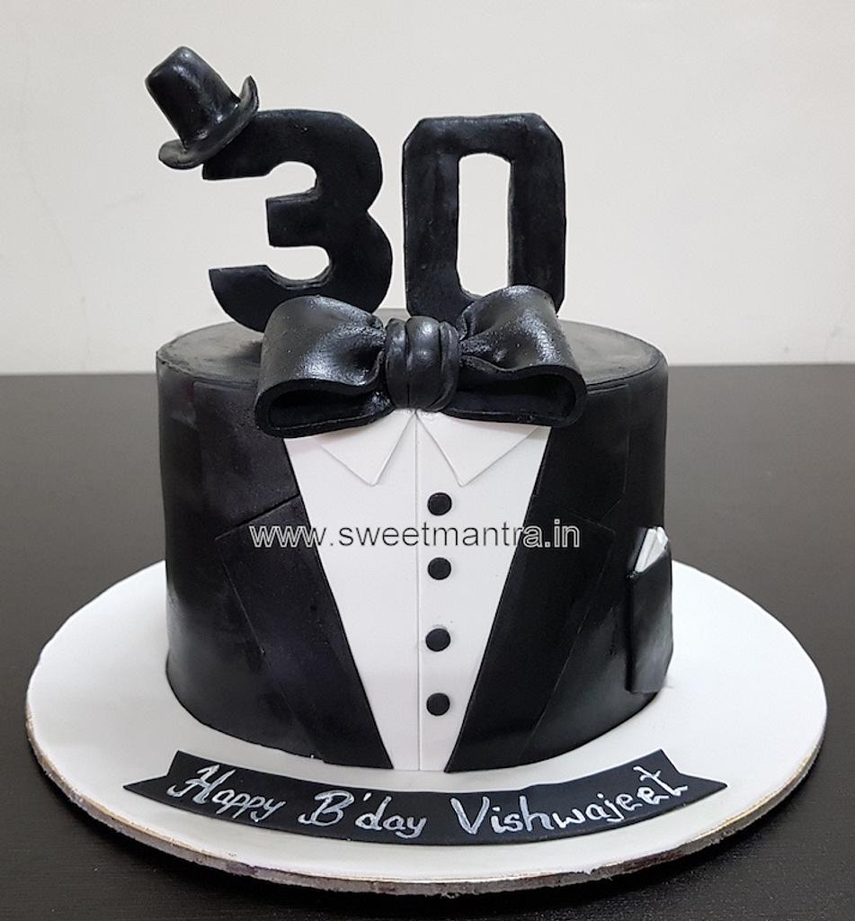 Smart Tuxedo theme customised fondant cake for boy's 30th - CakesDecor