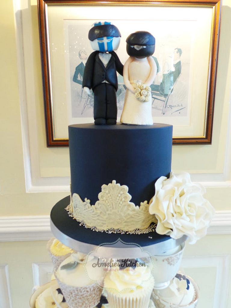 Navy Blue And Ivory Lace Wedding Cake Cake By Helen Cakesdecor 