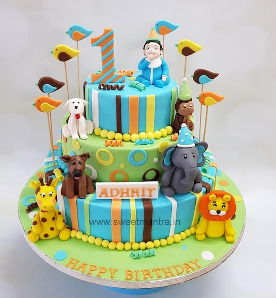 Animals and birds theme 3 tier fondant cake with edible - CakesDecor