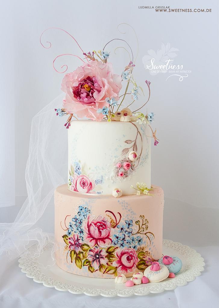 Hand Painted Cake with Wafer-Paper Flowers - Cake by - CakesDecor