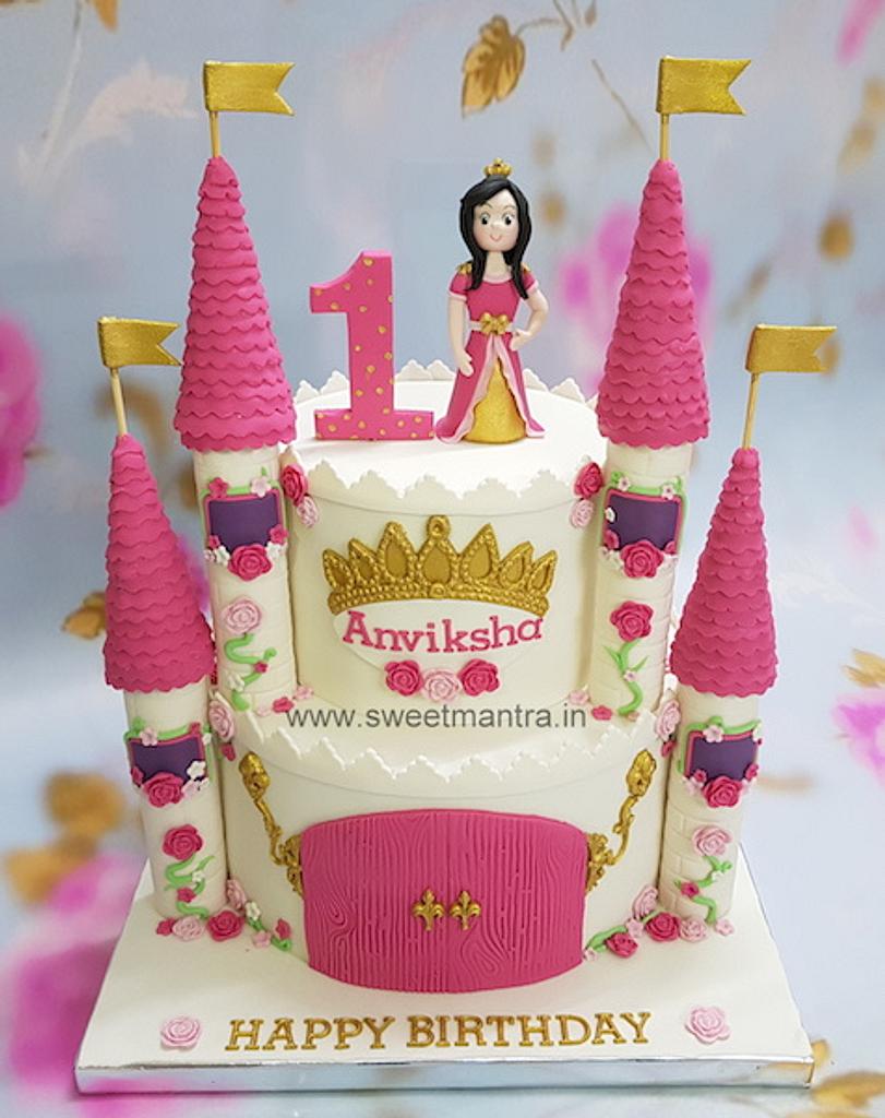 Princess Castle theme 2 tier cake for girls 1st birthday - CakesDecor