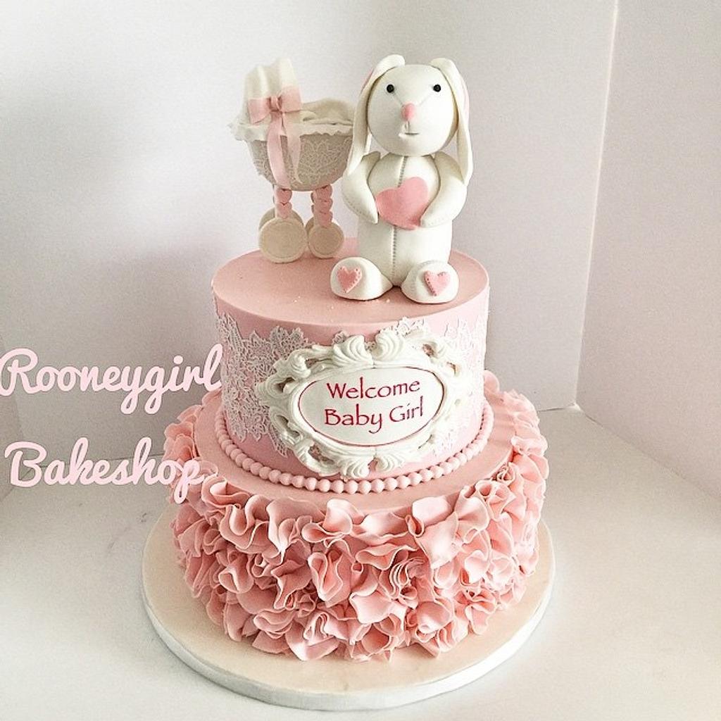 Bunny and Stroller Baby Shower Cake - Decorated Cake by - CakesDecor
