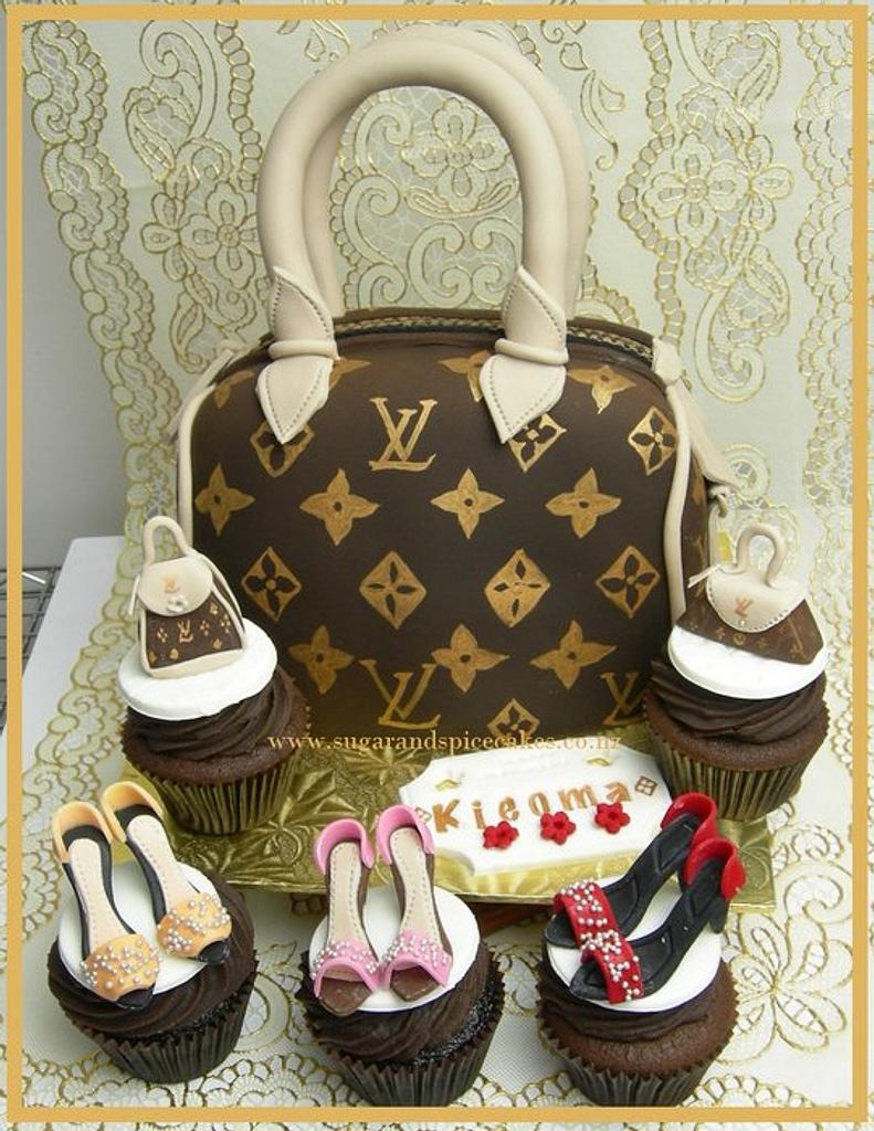 2-tier Louis Vuitton Handbag and Hat Box shaped cake in wh…