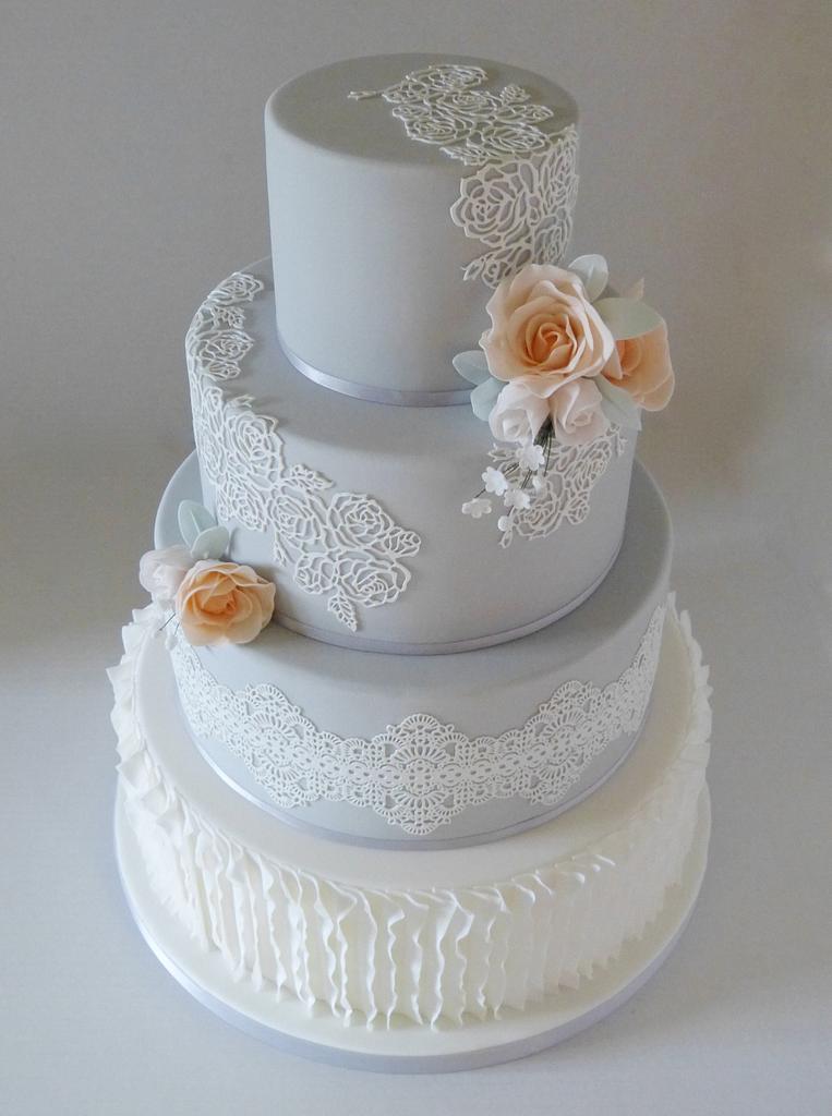 Grey and peach lace wedding cake - Cake by Angel Cake - CakesDecor