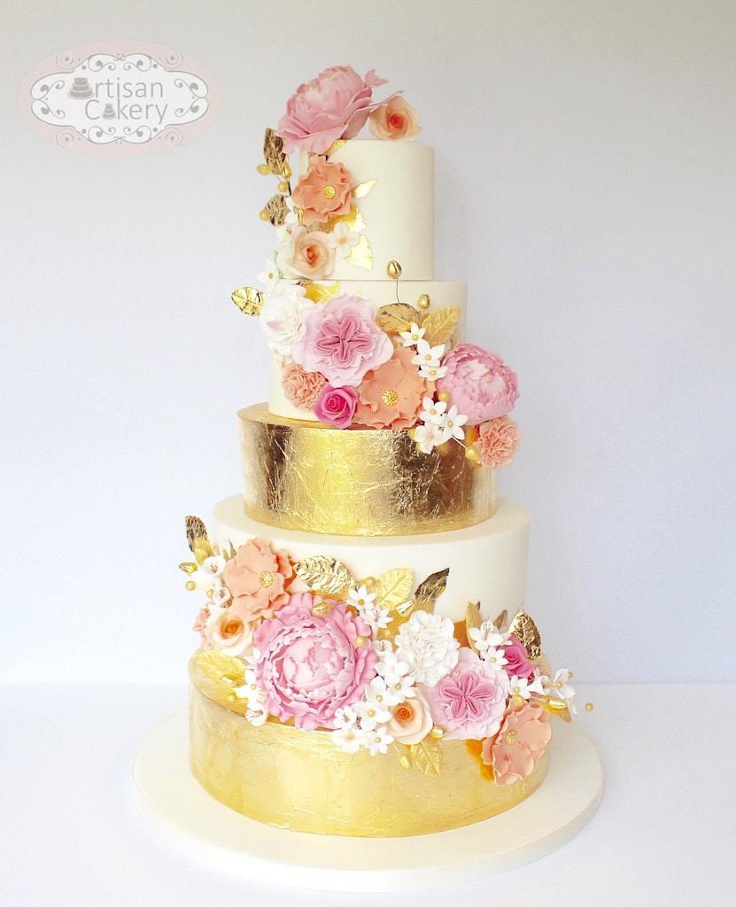 Gold leaf and peachy/pink wedding cake - Cake by Artisan - CakesDecor