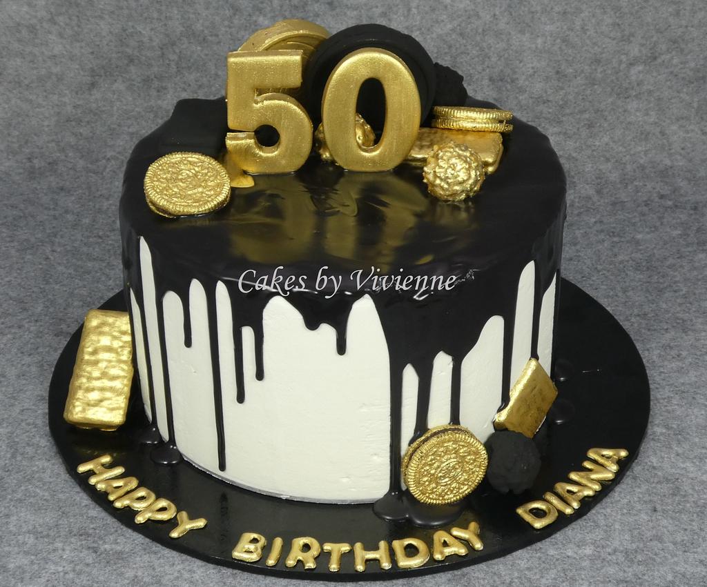 Black and Gold 50th Birthday Cake - Decorated Cake by - CakesDecor