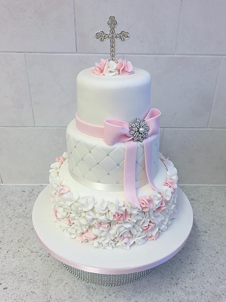 Pink ruffle christening cake - Cake by Ice Queen Cakes - CakesDecor