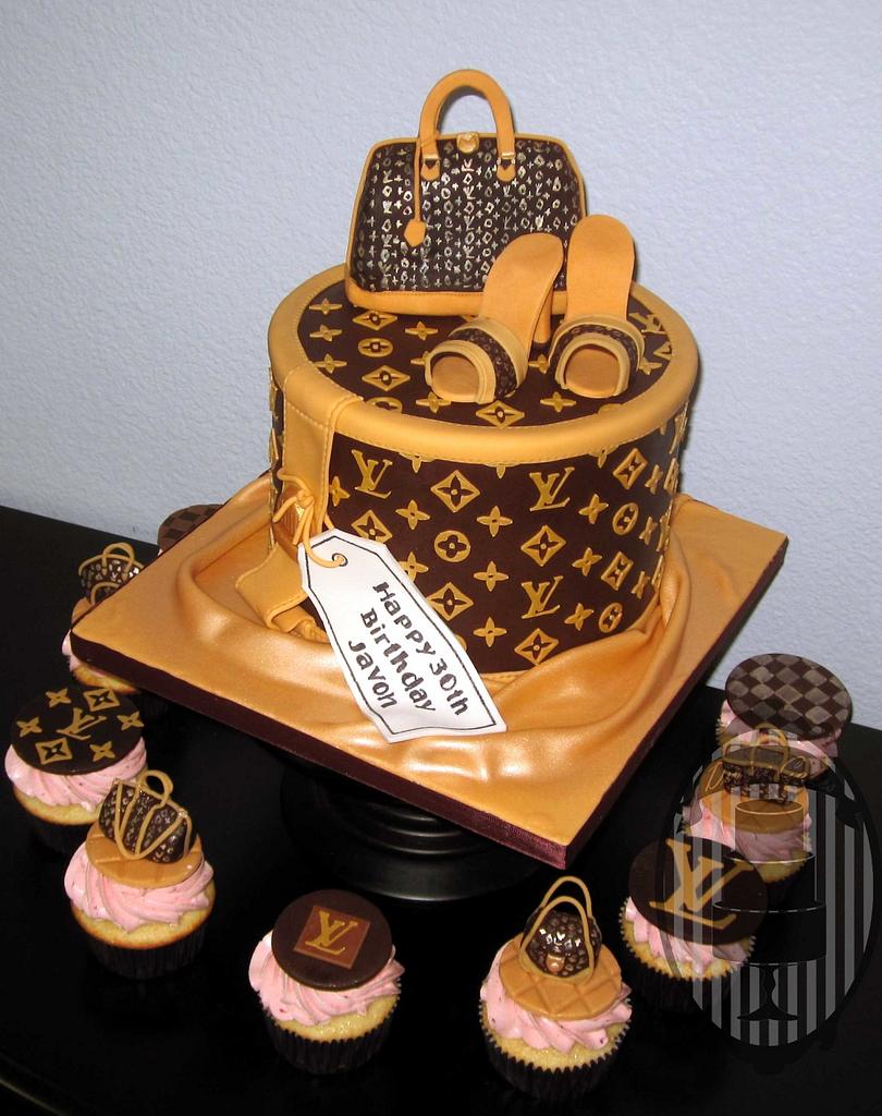 Louis Vuitton style cake with matching cupcakes - - CakesDecor