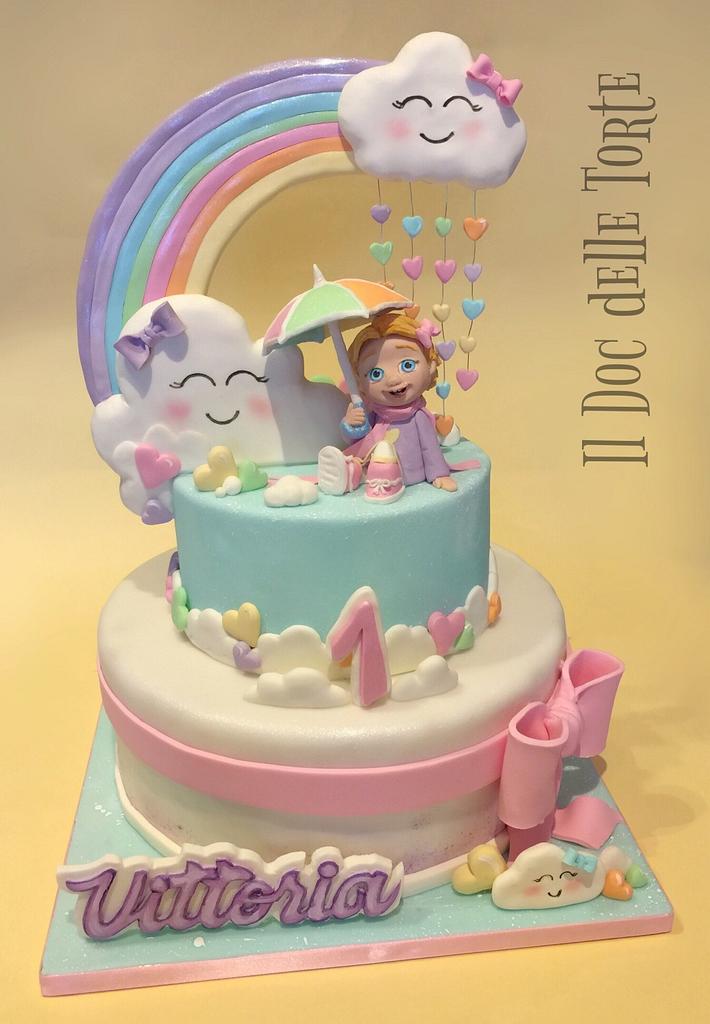 Piped Rainbow and Clouds Cake with Fondant Stars
