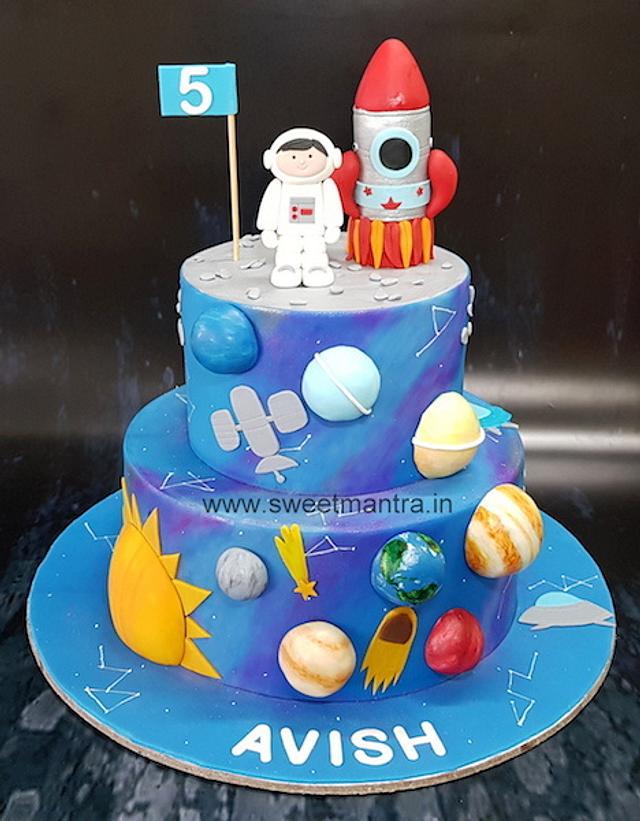 Space, galaxy theme handpainted cake with planets n sun - - CakesDecor