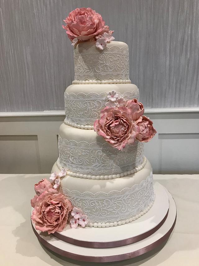 Pink Peonies, Pearls and Lace Wedding Cake - cake by - CakesDecor