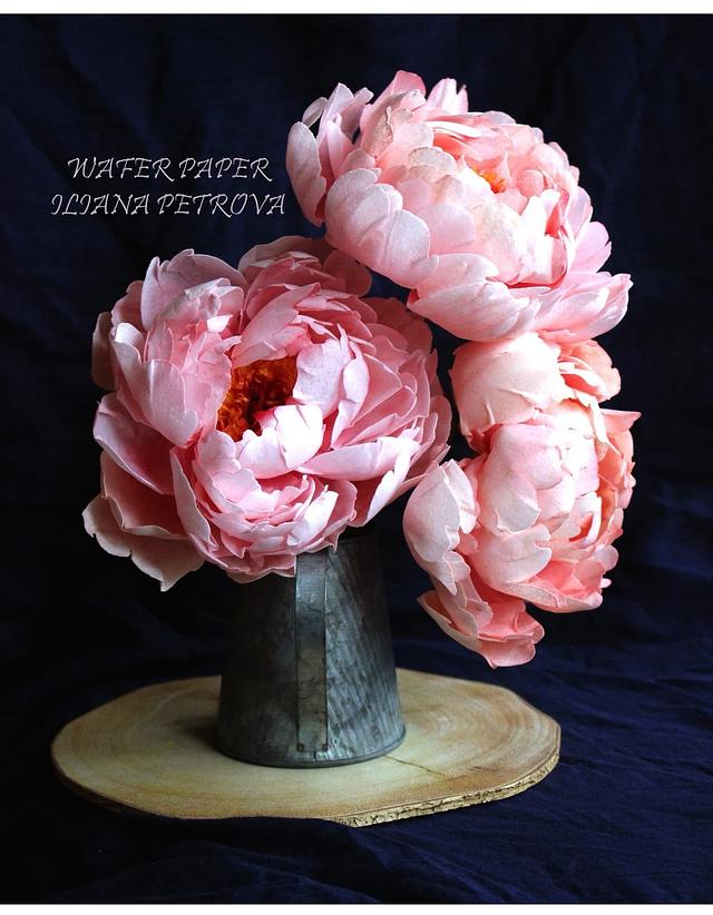 Wafer paper Peonies Decorated Cake by Iliana Petrova CakesDecor