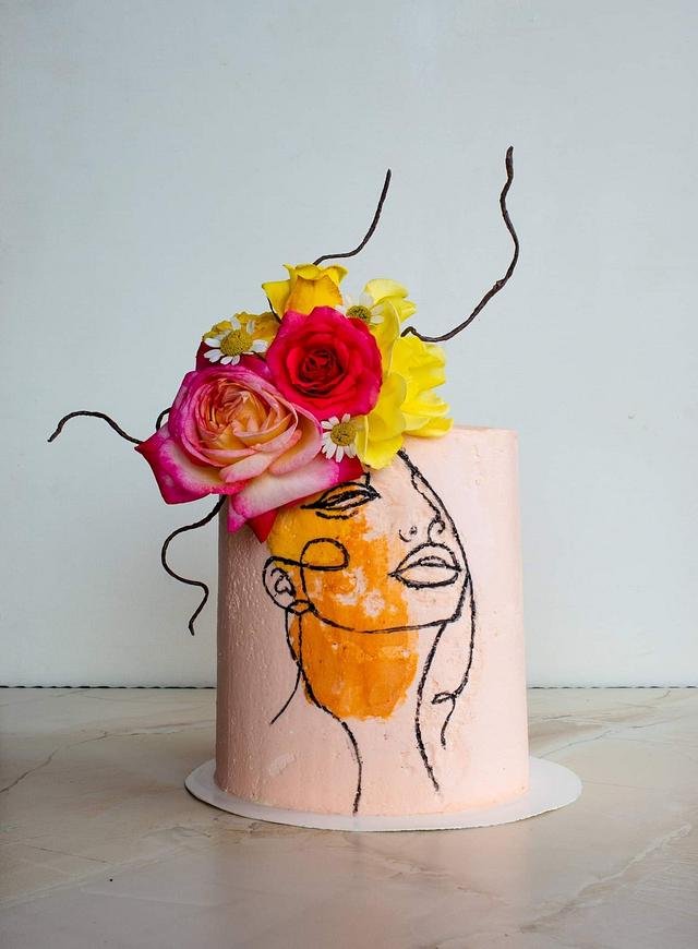 Abstract cake with line art.