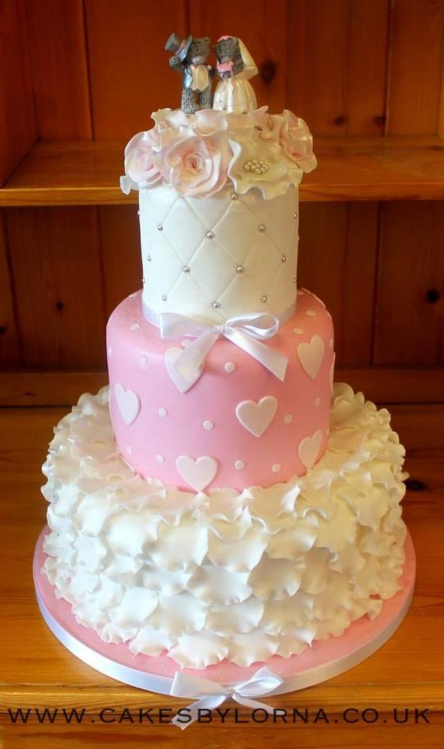 Cute Frills and Hearts wedding cake Cake by Cakes by