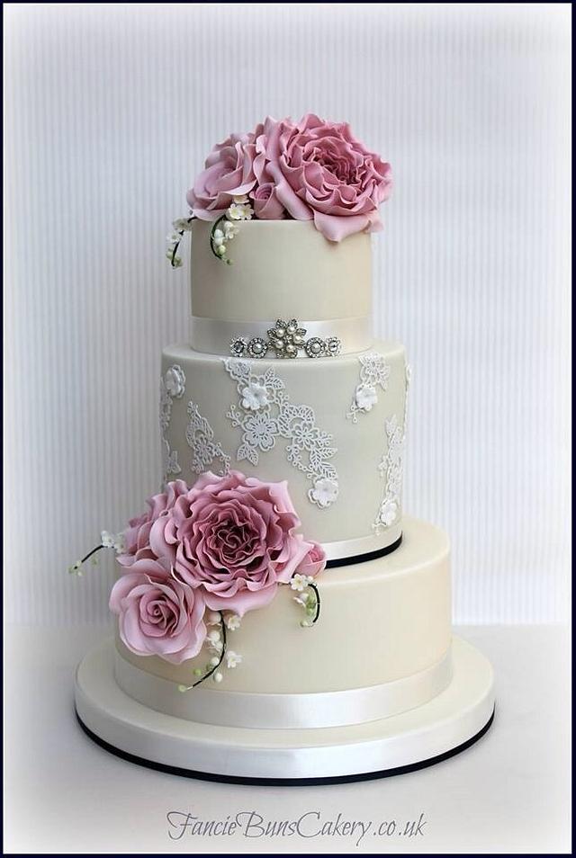 Peony Roses & Lace Wedding Cake - Decorated Cake by - CakesDecor