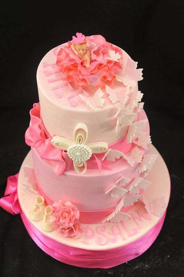 Pink Christening Cake With Cherub - Decorated Cake by - CakesDecor