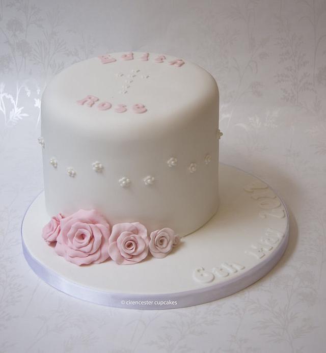 Christening Cake Roses & Pearls Decorated Cake by CakesDecor