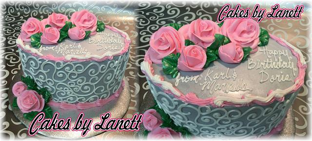 Birthday Cake with Scrolls & BC Roses - Cake by lanett - CakesDecor