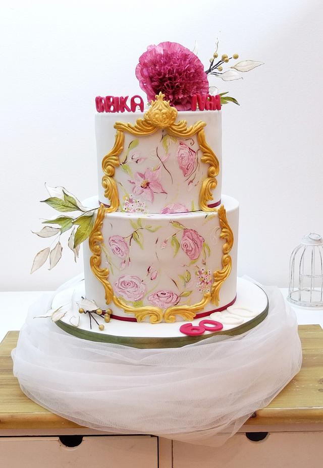 Hand painted Birthday cake with open peony.